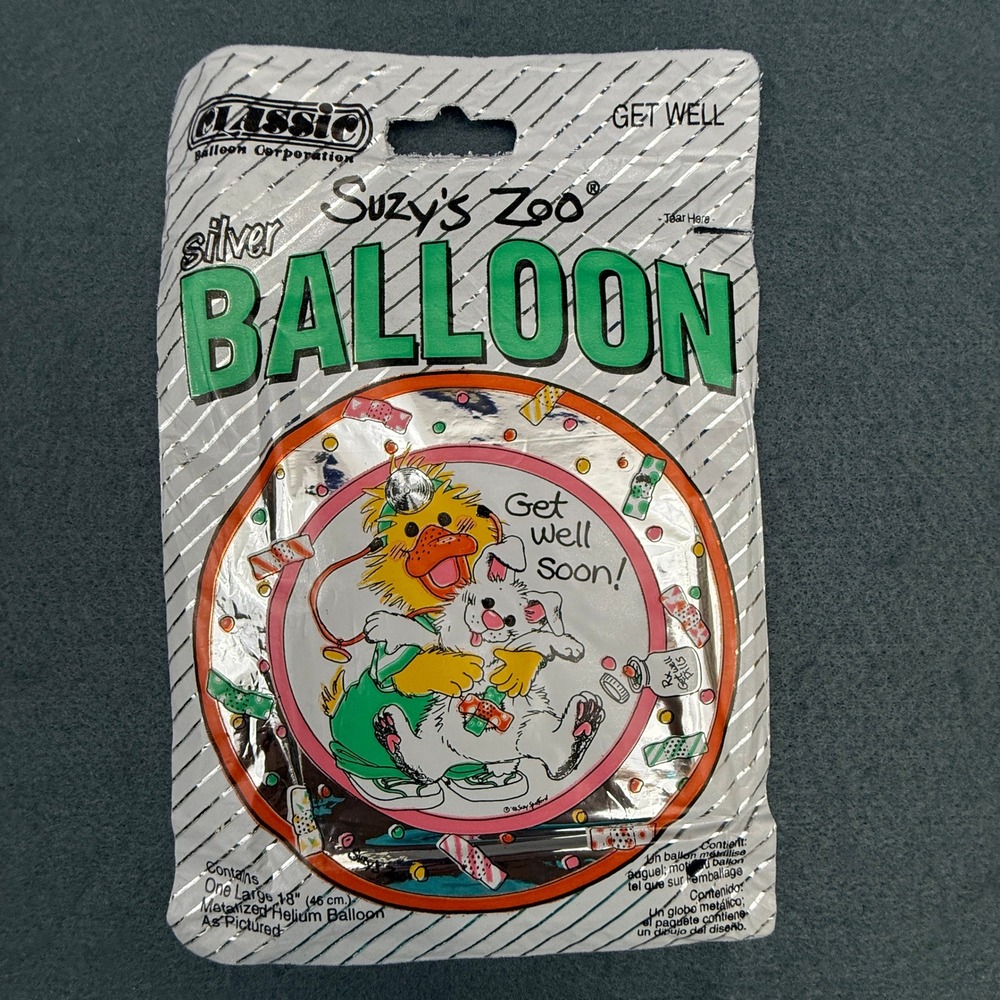 Suzy's Zoo Get Well 18" Mylar‎ Balloon Suzy Ducken Vintage 90's Silver Metalized